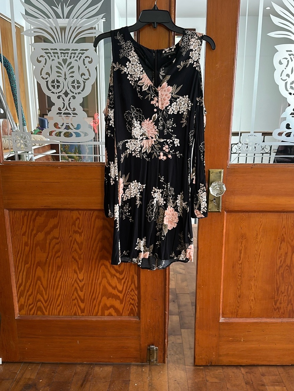 Dynamite Black Long Sleeve Floral Cold-Shoulder Dress with Pink Blossoms